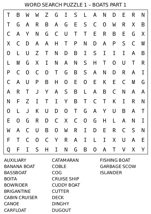 Word Search Puzzle 1 – Boats Part 1
