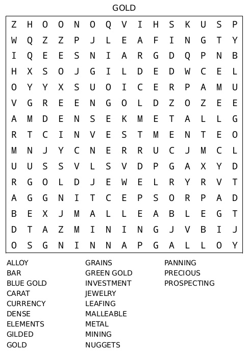 Word Search Puzzle 13 – Gold