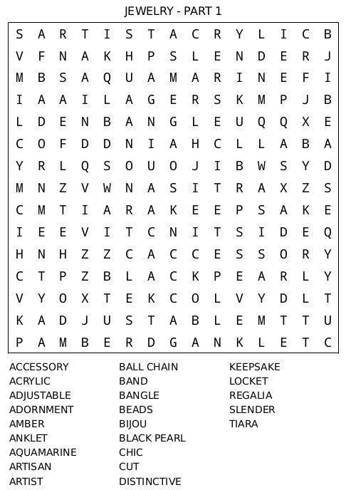 Word Search Puzzle 14 – Jewelry Part 1