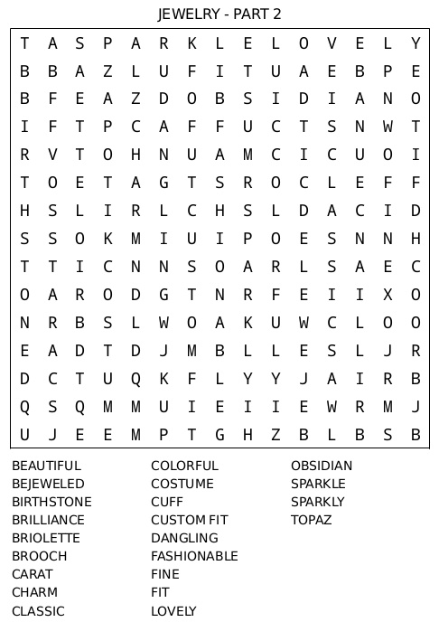 Word Search Puzzle 15 – Jewelry Part 2