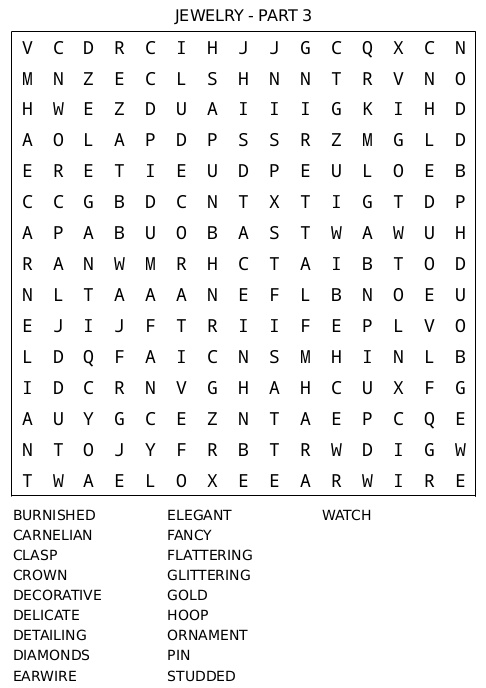 Word Search Puzzle 16 – Jewelry Part 3