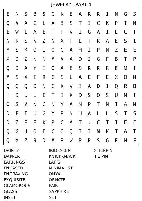 Word Search Puzzle 17 – Jewelry Part 4