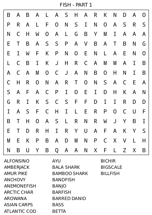 Word Search Puzzle 20 – Fish Part 1